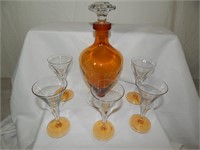 Elegant Cambridge Amber Glass Decanter & Glasses