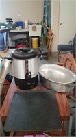 coffee pot, larger aluminum roaster, cookie sheet