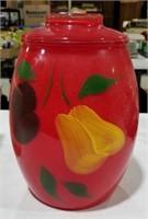 Cookie Jar, red glass with painted fruit