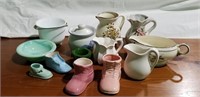 Syrup & gravy pitchers, pottery shoes,