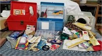 Sewing supplies, trim, buttons, ripper, boxes