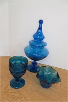 Vintage Lot Blue Compote w Lid & Art Glass