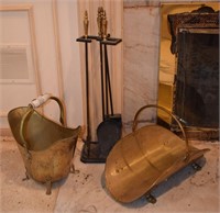 Brass Ash Bucket and Wood Carriage & Fireplace