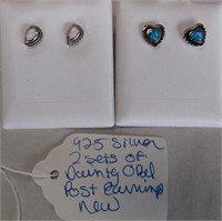 2 Sets of 925 Silver Dainty Opal Post Earrings