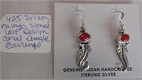 925 Silver Navajo Signed Leaf Design Coral Earring