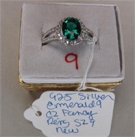 925 Silver Emerald CZ Fancy Ring Sz 9