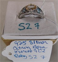925 Silver Citrine Aqua Marine CZ Ring Sz 7