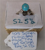 925 Silver Navajo Turquoise Leaf Design Ring Sz5.5