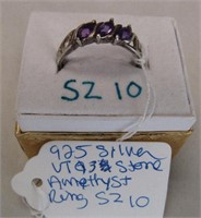 Vintage 925 Silver 3 Stone Amethyst Ring Sz 10