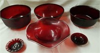 4 glass ruby red bowls & 2 ashtrays