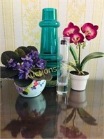 Violet & Orchid Arrangement, Crystal Vase, Green V