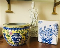 Oriental home decor. Flower pot. Blue and white va