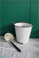 White Graniteware Bucket and Dipper