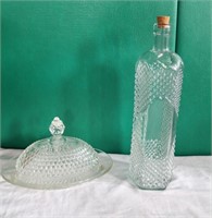 Hobnail Glass Covered Dish and Bottle w/ Cork