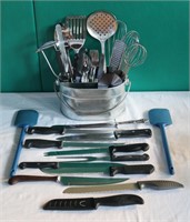 Lot of Knives, Spatulas, Wisks, etc w/ Container