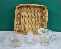 Lot of 3 Hobnail Glass Pcs & Basket