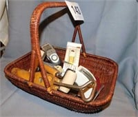 Vintage basket with contents: wooden shoe - food