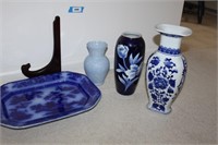 bombay vase, 2 small vases and blue platter