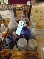 BOX OF COBALT BLUE AND OTHER VINTAGE BOTTLES