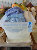 2 PLASTIC TOTES WITH LIDS--TOWELS AND LINENS IN 1