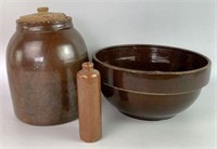 Glazed Crockery Bowl, Churn & Bottle, Lot of 3