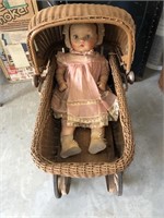 OLD TIME BABY DOLL WICKER STROLLER.  27 INCHES
