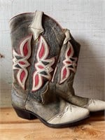 Brown, Red, and Beige Vintage Cowboy Boots