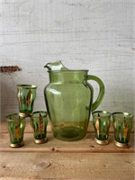 Green Pitcher and Green and 22kt Gold Glasses