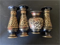 4 etched brass vases