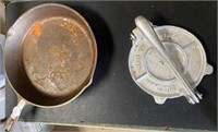 cast iron skillet and tortilla press