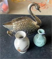 small vases and silver plate swan