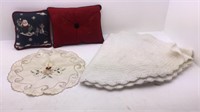 Two Christmas Pillows, Embroidered Candle Doily
