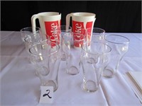 8- COCA COLA GLASSES & 2 PLASTIC COKE PITCHERS