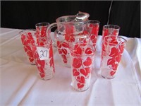 VINTAGE RED-WHITE-CLEAR PITCHER & 8 GLASSES