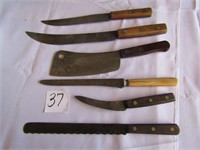 5 BUTCHERING KNIVES & MEAT CLEVER
