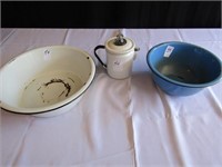 3 PIECES GRANITEWARE- COFFEE POT,DISH PAN, BOWL