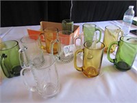 11 GLASS MUGS- CLEAR ,GREEN, AMBER