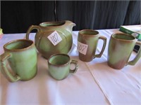 FRANKOMA PITCHER, 3 MUGS, 1 CUP GREEN & BROWN
