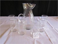 ETCHED GLASS PITCHER & 6 GLASSES