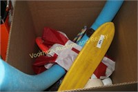 Box of sport balls, skate board, pool noodle