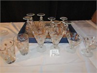 14 -CLEAR W/ GOLD WHITE FLOWERS GLASSES & STEMWARE