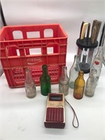 Vintage glass bottles, portable receiver, knives,