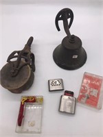 Antique bell, pulley and more