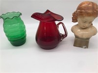 Glass blown pitcher, vase, and bust