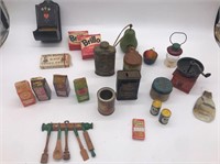 Vintage tins, cartons, match-safe, glass candy con