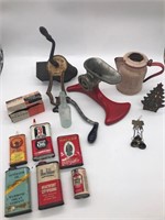 Vintage oil cans, grinders, miscellaneous