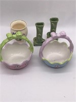 Pottery vases, Wedgewood Easter baskets, and vase