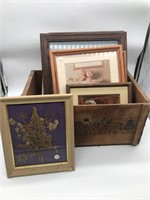 Vintage crate with  framed prints