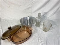 Angel food cake pan, glass vase, glass pitcher,
