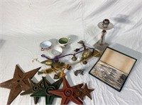 Rustic stars, teacups, glass lamp base, antique